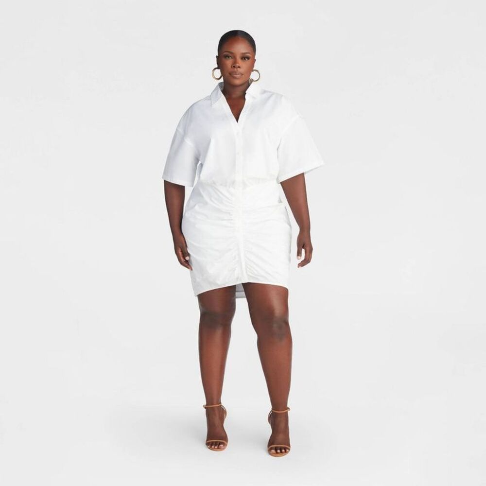 KBB by Kahlana Short Sleeve White Ruched Shirt Dress